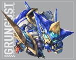  aqua_eyes artist_request character_name chibi commentary_request english_text glowing glowing_eyes grey_background grungust_ichishiki holding holding_sword holding_weapon looking_at_viewer mecha mecha_focus no_humans open_mouth robot science_fiction simple_background super_robot super_robot_wars super_robot_wars_original_generation super_robot_wars_original_generations sword weapon 