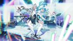 4girls ahoge akane_lize alternate_costume alternate_hairstyle animal_ear_fluff animal_ears arahashi_tabi bandaid bandaid_on_leg black_hair black_shoes black_skirt blue_eyes blue_hair blue_necktie blue_skirt blurry blurry_background blurry_foreground bm_tol bow braid cable cat_ears chromatic_aberration closed_eyes collared_shirt commentary_request cymbals dress_shirt drum drum_set drumsticks full_body glowstick grey_hair guitar hair_bow hair_ornament hairclip headset heart heart_ahoge highres holding holding_drumsticks holding_guitar holding_instrument instrument keyboard_(instrument) korean_commentary long_hair looking_at_viewer microphone multicolored_hair multiple_girls neck_ribbon necktie neneko_mashiro one_eye_closed parallel_hairclips plaid_clothes plaid_necktie playing_instrument playing_piano pleated_skirt red_bow red_hair red_ribbon red_streaks ribbon shirayuki_hina shirt shoelaces shoes short_hair singing skirt socks stage standing star_(symbol) star_hair_ornament stellive streaked_hair twin_braids virtual_youtuber white_shirt white_socks yellow_eyes 