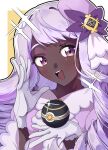  1girl ascot commentary_request dark-skinned_female dark_skin dress frilled_ascot frills glove_bow gloves gold_ring highres jacinthe_(pokemon) juliet_sleeves long_hair long_sleeves low_drills mega_stone mikan_ame9 open_mouth pokemon pokemon_legends:_z-a puffy_sleeves purple_dress purple_eyes purple_hair smile solo teeth upper_body upper_teeth_only very_dark_skin white_gloves 