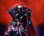  1boy armor axel_almer black_gloves breastplate cape closed_mouth commentary_request cuisses curtained_hair earrings faulds fingerless_gloves gloves holding holding_sheath holding_sword holding_weapon jewelry male_focus moon parted_bangs pauldrons ppp_(pixiv_23851393) red_cape red_eyes red_hair red_moon sheath short_hair shoulder_armor solo space star_(sky) super_robot_wars super_robot_wars_original_generation sword tassets unsheathing upper_body vaisaga vambraces weapon 