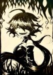  1girl absurdres ahoge black_dress breasts closed_eyes commentary detached_sleeves dokugai_(funamusea) dress ear_piercing english_commentary face_piercing facing_viewer from_side funamusea genderswap genderswap_(mtf) greyscale hair_over_one_eye highres huge_ahoge large_breasts low_twintails monochrome multicolored_hair open_mouth paper_(medium) photo_(medium) piercing pointy_ears sharp_teeth solo stitched_arm stitches teeth too_many_piercings twintails two-tone_hair upper_body vyrasyte 