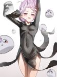  1girl black_dress breasts commentary cosplay dress highres hololive hololive_english jewel_under_eye koseki_bijou long_sleeves looking_at_viewer moai pebble_(koseki_bijou) pelvic_curtain petite purple_eyes purple_hair short_hair side_slit simple_background smile solo tatsumaki tatsumaki_(cosplay) tomosakaaa virtual_youtuber white_background 