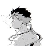  1boy artist_name cigarette commentary cowlick cu_chulainn_(fate) cu_chulainn_(lancer)_(fate) earrings emoji fate/stay_night fate_(series) greyscale hair_tubes jewelry long_hair male_focus monochrome nedameman profile simple_background single_hair_tube solo twitter_username white_background 