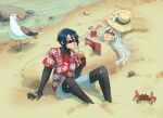  2girls alternate_costume android ariane_yeong arm_support artist_name beach bird blue_shorts book buried buried_in_sculpted_sand commentary covered_eyes crab cup day drinking drinking_glass drinking_straw elster_(signalis) english_commentary floral_print floral_print_shirt flower hair_spread_out hat hat_flower hawaiian_shirt holding holding_cup lily_(flower) long_hair lying maarika multiple_girls on_back open_book outdoors print_shirt red_shirt rock sand seagull seashell shell shirt short_hair shorts signalis sitting sun_hat sunglasses unworn_hat unworn_headwear water white_hair 
