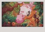  absurdres animal_focus black_eyes bug caterpie girafarig highres horns no_humans onamuzi_illust outdoors pokemon pokemon_(creature) pokemon_focus single_horn tail tree 