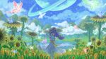 1girl :d adjusting_clothes adjusting_headwear aizawa_sachi cloud dress facing_viewer fairy flower hair_over_eyes hat lake long_hair madam_meeber mountainous_horizon outdoors planet purple_hair ribbon shovel_knight smile solo standing straw_hat sun_hat sundress sunflower tulip white_dress yellow_ribbon 