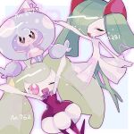  3girls black_sclera closed_eyes colored_sclera colored_skin commentary green_hair green_skin hair_over_one_eye hattrem heart highres horns kirlia multicolored_skin multiple_girls niesxs open_mouth pink_eyes pink_skin pokemon pokemon_(creature) sidelocks smile steenee two-tone_skin white_skin 