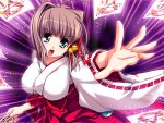  1girl :o ahoge ayatsuji_yuki bell breasts brown_hair card floating_card game_asset green_eyes hair_bell hair_ornament hakama hakama_skirt japanese_clothes jingle_bell kamei large_breasts miko non-web_source official_art ofuda open_mouth red_hakama seito_kaichou_hikaru self-datamine short_hair skirt solo variant_set visual_novel_cg 