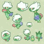  1girl :< blue_flower blue_rose budew capelet chibi chibi_inset colored_skin commission evolutionary_line flower full_body green_background green_capelet green_skin joo_gumoon looking_at_viewer lowres monster_girl multiple_views open_mouth plant_girl pokemon pokemon_(creature) pokemon_focus red_eyes red_flower red_rose rose roselia_(pokemon) roserade short_hair simple_background solo_focus standing white_hair 