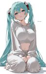  1girl absurdres alternate_breast_size_(larger) aqua_eyes aqua_hair blush breasts drawstring hair_ornament hatsune_miku highres hood hooded_sweater large_breasts long_hair long_sleeves looking_at_viewer melowh midriff navel pants solo sweater sweatpants twintails very_long_hair vocaloid white_pants white_sweater 