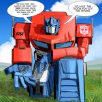  1boy ai-generated_art_(topic) arm_on_own_leg autobot blue_eyes blue_sky cloud commentary day drawing_tablet english_commentary english_text grass highres holding holding_drawing_tablet holding_pencil holding_stylus kneeling looking_at_viewer male_focus mecha mecha_focus meme on_one_knee open_hand optimus_prime outdoors pencil pick_it_up_(meme) primusibi robot sky solo speech_bubble stylus transformers transformers:_generation_1 truth typo 