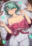  1girl 1other bare_shoulders bottle breasts cleavage commentary english_commentary eyebrows_hidden_by_hair futon grey_hakama hakama heart hehevich highres japanese_clothes looking_to_the_side off_shoulder one-punch_man pov pov_hands short_hair small_breasts spill tatsumaki 