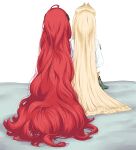  2girls absurdly_long_hair absurdres ahoge alice_thymefield alternate_hairstyle animal_ears bebekp bed blonde_hair from_behind hair_down hair_focus hair_spread_out highres long_hair multiple_girls on_bed rabbit_ears red_hair shirt simple_background sitting ukinami_yuzuha very_long_hair white_background white_shirt zenless_zone_zero 