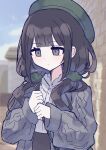  1girl absurdres artist_name bag beret black_hair book_off cardigan closed_mouth commentary_request green-berry green_hair green_scrunchie grey_cardigan grey_eyes hair_ornament hair_scrunchie hat highres kurobe_nanoka long_hair long_sleeves low-tied_sidelocks mahou_shoujo_no_majo_saiban official_alternate_costume open_cardigan open_clothes puffy_sleeves runa_(runa7733) scrunchie shirt shoulder_bag sidelocks signature solo twqk6 upper_body white_shirt 