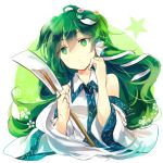  bare_shoulders closed_mouth commentary detached_sleeves expressionless eyebrows_visible_through_hair flower frog_hair_ornament green_eyes green_hair hair_between_eyes hair_ornament hair_tubes head_tilt kochiya_sanae kutsuki_kai long_hair long_sleeves sleeveless snake_hair_ornament solo star touhou upper_body white_background white_flower wide_sleeves wing_collar 