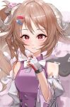  1girl absurdres animal_ears ardelia_(arknights) arknights arknights:_endfield bare_shoulders bow bowtie brown_hair closed_mouth commentary curled_horns eyjafjalla_(arknights) fingerless_gloves gloves grey_horns hair_ornament hairclip hand_up highres horns long_hair looking_at_viewer painorne pink_eyes pink_shirt red_gloves sheep_ears sheep_girl sheep_horns shirt side_ponytail smile solo upper_body white_bow white_bowtie white_gloves 
