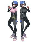  1girl black_bodysuit black_hair blue_eyes blue_hat blush bodysuit bodysuit_under_clothes breasts cargo_shorts commentary_request diving_suit female_protagonist_(pokemon_ww) fingerless_gloves floral_print floral_print_shirt gloves green_shorts hat highres holding holding_poke_ball layered_sleeves long_sleeves looking_at_viewer medium_breasts multiple_views nenehotoso open_mouth pink_shirt poke_ball poke_ball_(basic) pokemon pokemon_winds_and_waves print_shirt shirt shoes short_hair short_over_long_sleeves short_sleeves shorts smile wetsuit white_shoes 