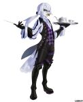 1boy bird_boy black_boots black_pants boots butler commission dagger fire_emblem fire_emblem_fates full_body grey_hair holding holding_dagger holding_knife holding_tray holding_weapon jakob_(fire_emblem) knife leaniv long_sleeves low_ponytail male_focus nohrian_butler_uniform pants ponytail puffy_long_sleeves puffy_sleeves simple_background solo standing tea_set tray weapon white_background 