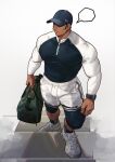  1boy bag bara biceps blank_speech_bubble blue_hat blue_leggings blue_shirt broad_shoulders bulge calves covered_nipples covered_pectorals drawstring full_body hat highres holding holding_bag huge_pectorals layered_legwear leggings long_sleeves looking_at_viewer looking_to_the_side male_focus muscular muscular_arms muscular_male nose one_eye_covered original pectorals selkiro shirt shoelaces shoes shorts sideburns sneakers solo speech_bubble stairs thick_thighs thighs tight_clothes tight_shirt turtleneck two-tone_shirt watch white_shirt white_shoes white_shorts wristwatch zipper 