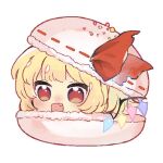  1girl blonde_hair commentary_request crystal crystal_wings fang flandre_scarlet food in_food looking_at_viewer macaron multicolored_wings niseneko_(mofumofu_ga_ienai) red_eyes simple_background solo touhou white_background wings yukkuri_shiteitte_ne 
