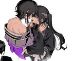  2girls arm_belt bandaged_arm bandaged_hand bandages bare_back bare_shoulders black_choker black_coat black_dress black_eyes black_hair butterfly_hat_ornament choker coat collared_dress dress furisode grey_eyes hair_ornament hat_ornament highres housho_margo japanese_clothes kimono kurobe_nanoka long_hair long_sleeves looking_at_another mahou_shoujo_no_majo_saiban multiple_girls off-shoulder_dress off_shoulder short_hair simple_background twintails white_background wide_sleeves wuubaiwan yuri 