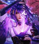  1girl absurdres armor artist_name black_bridal_gauntlets blue_pupils breasts bridal_gauntlets building cherry_blossoms cleavage closed_mouth commentary ear_piercing earrings engulfing_lightning_(genshin_impact) falling_petals fingernails flower genshin_impact hair_flower hair_ornament hand_up highres holding holding_sword holding_weapon human_scabbard japanese_clothes jewelry kimono krita_(medium) long_fingernails long_hair looking_at_viewer medium_breasts mitsudomoe_(shape) obi one_eye_covered outdoors pauldrons petals photoshop_(medium) piercing purple_eyes purple_hair purple_kimono purple_nails raiden_shogun red_rope rope sash sheath shoulder_armor single_earring single_pauldron solo sword tassel tassel_hair_ornament tomoe_(symbol) unsheathing weapon wide_sleeves zenthol 
