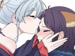  2girls ahoge animal_ear_fluff animal_ears blush cho_kaguya-hime! closed_eyes commentary_request ear_blush fox_ears fox_girl grey_hair hair_ornament hair_stick kai922034579594 kiss kissing_forehead long_sleeves multiple_girls off_shoulder runami_yachiyo runami_yachiyo_(tsukuyomi) sakayori_iroha sakayori_iroha_(tsukuyomi) simple_background white_background yuri 