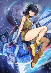  1girl 2026 absurdres aeug artistic_error bad_anatomy bare_shoulders beam_rifle black_hair boots breasts commentary dated dress energy_gun fa_yuiry gloves green_eyes gundam highres mecha military_uniform miniskirt mobile_suit okrdisk2000 robot science_fiction shield short_hair signature skirt space v-fin vest weapon white_gloves wrong_hand yellow_boots yellow_dress zero_gravity zeta_gundam zeta_gundam_(mobile_suit) 