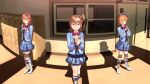  3girls absurdres ahoge arms_behind_back beret blazer blue_hat blue_jacket blue_skirt boots bow bowtie brown_hair closed_mouth commentary crossed_arms day english_commentary frilled_skirt frills ggxfan grin hair_bow hairband half-closed_eyes hallway hands_up hat highres idolmaster idolmaster_million_live! idolmaster_million_live!_theater_days indoors jacket kasuga_mirai lace-up_boots lapels long_hair long_sleeves looking_at_viewer miniskirt multiple_girls notched_lapels official_alternate_costume one_side_up orange_hair plaid_clothes plaid_skirt pretty_blue_pride_(idolmaster) red_bow red_bowtie red_hair school short_hair skirt smile standing star_elements_(idolmaster) striped_bow striped_bowtie striped_clothes tanaka_kotoha white_boots yabuki_kana yellow_eyes yellow_hairband 