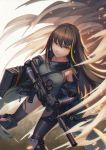  1girl arm_strap armor armpits assault_rifle asymmetrical_legwear bandana bangs brown_eyes brown_hair case clothes_around_waist collarbone commentary_request detached_sleeves dust elbow_pads eyebrows_visible_through_hair floating_hair gauntlets girls_frontline gloves gun hair_between_eyes headset highres holding holding_gun holding_weapon jacket_around_waist light_particles long_hair m4_carbine m4a1_(girls_frontline) mod3_(girls_frontline) multicolored_hair open_mouth ribbed_sweater rifle scope sidelocks smile smoke solo strap streaked_hair sweater sweater_vest torn_jacket two-tone_hair weapon weapon_case wind wind_lift 