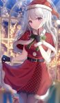  1girl belt black_belt black_gloves black_pantyhose blurry blurry_background blurry_foreground blush bokeh breasts capelet closed_mouth commentary_request cowboy_shot depth_of_field dress earrings finger_to_own_chin fur-trimmed_capelet fur-trimmed_gloves fur_buttons fur_trim gloves grey_hair half_updo hat highres holding_own_dress indoors jewelry kugatsu_tooka large_breasts long_hair nervous_smile original pantyhose ponytail purple_eyes raised_inner_eyebrows red_hat santa_costume santa_dress santa_hat short_dress short_ponytail smile solo taut_clothes taut_dress white_capelet 