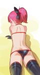  ass back bangs bare_shoulders bikini black_bikini black_bow black_gloves black_legwear blunt_bangs blush bow fate/grand_order fate_(series) gloves hair_bow helena_blavatsky_(fate/grand_order) helena_blavatsky_(swimsuit_archer)_(fate) highres looking_at_viewer looking_back lying on_stomach pink_eyes pink_hair ponytail short_hair solo swimsuit thighhighs tim_loechner 