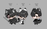  3boys alien_stage animal_ears black_coat black_eyes black_hair chibi chibi_only coat commentary crossover english_commentary english_text fox_boy fox_ears fox_tail grey_background highres holding holding_phone holding_sword holding_weapon iunsei ivan_(alien_stage) kemonomimi_mode kim_dokja male_focus multiple_boys omniscient_reader's_viewpoint phone shirt sword tail weapon white_coat white_shirt yoo_joonghyuk 