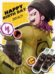  1boy beanie cola commentary_request danganronpa_(series) danganronpa_2:_goodbye_despair earrings engine happy_birthday hat highres jewelry jumpsuit male_focus mochipankun pink_eyes pink_hair sharp_teeth soda_kazuichi solo teeth tongue tongue_out 