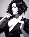  breasts closed_eyes collarbone greyscale guweiz monochrome no_bra open_clothes open_shirt original parted_lips realistic short_hair short_sleeves small_breasts smile solo undressing upper_body 