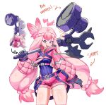  :d arrow_(symbol) belt blue_eyes blush bodysuit braid crop_top english_text hammer highres holding holding_hammer long_hair mallet open_mouth personification pink_hair pink_shorts pokemon pokemon_(creature) pokemon_pokopia rhymewithray short_shorts shorts smile thighs tinkaton tinkmaster twintails very_long_hair watermark 
