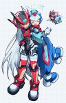  2boys absurdres android armor back-to-back blue_helmet blue_robe chibi chibi_inset closed_mouth commentary cyber-elf_x_(mega_man) dot_nose english_commentary forehead_jewel full_body grey_hair grid_background hands_on_own_hips happy helmet highres honi_(ohohoni) locked_arms long_hair long_sleeves male_focus mega_man_(series) mega_man_zero_(series) multiple_boys mythos_zero_(mega_man) one_eye_closed open_mouth red_armor red_helmet robe simple_background standing very_long_hair white_background x_(mega_man) zero(z)_(mega_man) zero_(mega_man) 