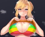  bangs bare_arms bikini bikini_top bikini_under_clothes black_background blonde_hair blue_eyes blush breasts bright_pupils cleavage closed_mouth collarbone eart eyebrows_visible_through_hair half-closed_eyes idolmaster idolmaster_cinderella_girls large_breasts long_hair looking_at_viewer multicolored multicolored_bikini multicolored_clothes nose_blush ootsuki_yui ponytail seductive_smile shiny shiny_hair sidelocks signum_(nanohanano77) simple_background sleeveless smile solo sparkle steaming_body sweat swept_bangs swimsuit upper_body 