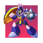  1boy aiming aiming_at_viewer armor ball_and_chain_(weapon) border chest_jewel commentary english_commentary full_body gloves helmet highres holding holding_shield knight_man looking_at_viewer mega_man_(classic) mega_man_(series) mega_man_6 outside_border pauldrons pink_background pink_gloves purple_armor purple_helmet red_eyes shield shoulder_armor shoulder_spikes simple_background solo spiked_armor spiked_ball_and_chain spiked_pauldrons spikes standing toastiepumpkin two-tone_background weapon white_border 