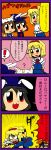  3girls 4koma :3 ? alice_margatroid anger_vein arms_behind_back bkub blank_eyes blonde_hair blue_dress blue_hat blush brown_eyes brown_hair check_translation chen comic cosplay dress emphasis_lines eyebrows_visible_through_hair guilty_gear hairband halloween hat highres house inaba_tewi kirisame_marisa kirisame_marisa_(cosplay) multiple_girls pillow_hat red_eyes red_hairband red_neckwear running shaded_face short_hair speech_bubble sweatdrop talking tassel touhou translation_request trolling white_hat yakumo_ran yakumo_ran_(cosplay) 