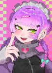  1girl absurdres barbell_piercing black_jacket black_nails blunt_bangs blunt_ends blush bow braid checkered_background commentary diamond_hair_ornament double_bun ear_piercing earrings fang frilled_hairband frills gradient_background green_bow green_eyes hair_bow hair_bun hair_ornament hairband hand_on_own_cheek hand_on_own_face hand_up head_tilt heart heart_hair_ornament heart_pendant high_collar highres hololive industrial_piercing jacket jersey_maid jewelry long_sleeves looking_at_viewer maid maid_headdress medium_hair multiple_earrings nail_polish official_alternate_costume official_alternate_hairstyle open_mouth piercing pixel_heart pixelated purple_background purple_hair purple_sleeves raglan_sleeves raised_eyebrows scissors_hair_ornament sidelocks sleeves_past_wrists slit_pupils smile smirk solo sparkling_eyes striped_sleeves teeth tokoyami_towa tokoyami_towa_(jersey_maid) track_jacket twin_braids unconventional_maid upper_body upper_teeth_only virtual_youtuber white_hairband yuuppi zipper 