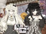  2girls absurdly_detailed_composition ascot black_bow black_choker black_coat black_dress black_hair bow brooch brown_eyes bug butterfly buttons charlotte_wiltshire chest_ribbon chinese_commentary choker coat coat_partially_removed collage_(medium) commentary_request crt dress flower french_text frilled_choker frilled_dress frills frown fur_coat gem grey_dress grey_eyes hair_between_eyes hair_bow hair_flower hair_ornament hair_over_one_eye hand_up heart hello_charlotte henrietta_warhol highres holding_record instrument jewelry lace lace_background lace_dress long_hair long_sleeves looking_at_viewer messy_hair multiple_girls necklace off_shoulder parted_lips phonograph picture_frame pinafore_dress pink_bow pixel_heart puffy_long_sleeves puffy_sleeves purple_gem realistic red_flower ribbon ribs shirt shizhongwaitaikong07352 single_sidelock skeleton sleeveless sleeveless_dress straight-on television two_side_up vinyl_record violin white_flower white_hair white_ribbon white_shirt yellow_gem 