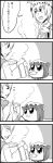  4koma :3 bkub blush check_translation chen comic earrings eyebrows_visible_through_hair food greyscale hat highres jewelry ladle monochrome multiple_girls pillow_hat pot shirt_tug simple_background sleeve_tug smile soup speech_bubble steam talking tasting touhou translation_request two-tone_background wide_sleeves yakumo_ran 