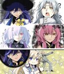  2boys 4girls ? aalto_(wuthering_waves) aemeath_(wuthering_waves) anger_vein black_hat blonde_hair blue_eyes blush_stickers canon_event commentary_request confused earrings grey_hair hair_between_eyes hair_ornament hair_over_one_eye hat headphones headphones_around_neck highres jewelry korean_commentary long_hair looking_at_viewer lucilla_(wuthering_waves) lynae_(wuthering_waves) mole mole_under_eye mornye_(wuthering_waves) multiple_boys multiple_girls nervous_smile npc_(wuthering_waves) open_mouth purple_hair red_eyes shirt smile sparkle sparkling_aura star-shaped_pupils star_(symbol) symbol-shaped_pupils thumbs_up trembling triangle_earrings v-shaped_eyebrows white_shirt windy_(jazz9207) wuthering_waves yellow_eyes 