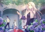  1girl 2boys ball black_pants bouquet caren_hortensia child_gilgamesh_(fate) commentary cu_chulainn_(fate) cu_chulainn_(lancer)_(fate) earrings fate/hollow_ataraxia fate_(series) flower gilgamesh_(fate) hair_tubes holding holding_umbrella hood hood_down hoshiyume_yashiro hydrangea jewelry long_hair long_sleeves looking_back looking_to_the_side looking_up multiple_boys nun pants shirt sideways_mouth single_hair_tube soccer_ball twitter_username umbrella walking white_hair white_shirt wide_sleeves yellow_eyes 