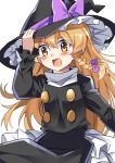  :d black_coat black_hat blonde_hair blush bow braid e.o. eyebrows_visible_through_hair fang hair_bow hand_on_headwear hat hat_bow head_tilt highres kirisame_marisa layered_skirt long_hair long_sleeves looking_at_viewer open_mouth purple_bow simple_background single_braid skirt smile solo standing touhou upper_body v-shaped_eyebrows white_background white_skirt witch_hat yellow_eyes 