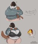 5_fingers anthro big_breasts black_hair black_nose bottomwear bra bra_strap bra_strap_showing_(meme) breasts brown_body brown_fur canid canine canis clothed clothing clothing_lift dialogue domestic_dog ear_piercing english_text female fingers fur grey_background hair hair_over_eyes hi_res huge_breasts humanoid_hands jezzlen mammal meme mollie_(jezzlen) monotone_background multicolored_body multicolored_fur offscreen_character overweight pants piercing simple_background solo speech_bubble sweater sweater_lift text topwear two_tone_body two_tone_fur underwear white_body white_fur