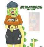 absurd_res alternate_costume anthro artist_name big_breasts biped black_bottomwear black_clothing black_skirt blush bottomwear bra_strap breasts choker clock clothed clothed_anthro clothed_female clothing colored cosplay dialogue dinosaur english_text eyebrow_through_hat eyes_closed female fingers goodbye_volcano_high green_body green_hair hair hands_together hat headgear headwear hi_res humanoid_hands hyuvevo jewelry ko_op_(game_developer) long_hair long_tail mihoyo necklace non-mammal_breasts open_mouth orange_clothing orange_shirt orange_topwear ornithischian portrait prehistoric_species reference_image reptile scalie shaded shirt simple_background skirt solo spiked_tail spikes spikes_(anatomy) standing stegosaurian stegosaurus stella_(gvh_beta) tail talking_to_viewer text three-quarter_portrait thyreophoran topwear watch white_background wristwatch zenless_zone_zero