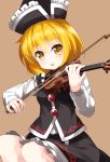  blonde_hair bow_(instrument) eyebrows_visible_through_hair frilled_hat frills hair_between_eyes hat highres instrument long_sleeves lunasa_prismriver music open_mouth playing_instrument ruu_(tksymkw) short_hair simple_background sitting skirt skirt_set solo touhou violin yellow_eyes 