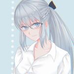  1girl black_bow blue_eyes blush bow braid breasts cleavage closed_mouth dress dress_shirt fate/grand_order fate_(series) glasses grey_hair hair_between_eyes hair_bow half_up_braid long_hair looking_at_viewer morgan_le_fay_(chaldea_satellite_station)_(fate) morgan_le_fay_(fate) office_lady original ponytail rinnel11 shirt sidelocks simple_background smile solo upper_body very_long_hair white_hair white_shirt 